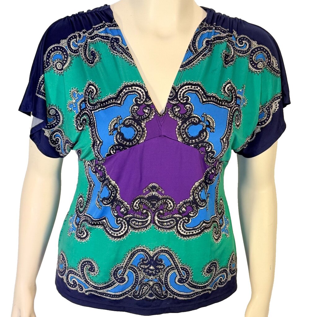 Cache Blouse Women's L Purple Green Damask V-Neck V-Back Dolman Short Sleeve